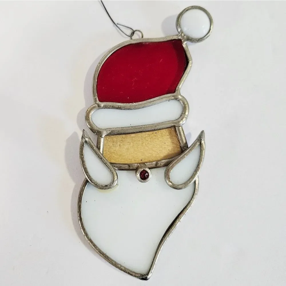 Vintage Large Stained Glass Lead Frame Heavy Santa Suncatcher Christmas Ornament